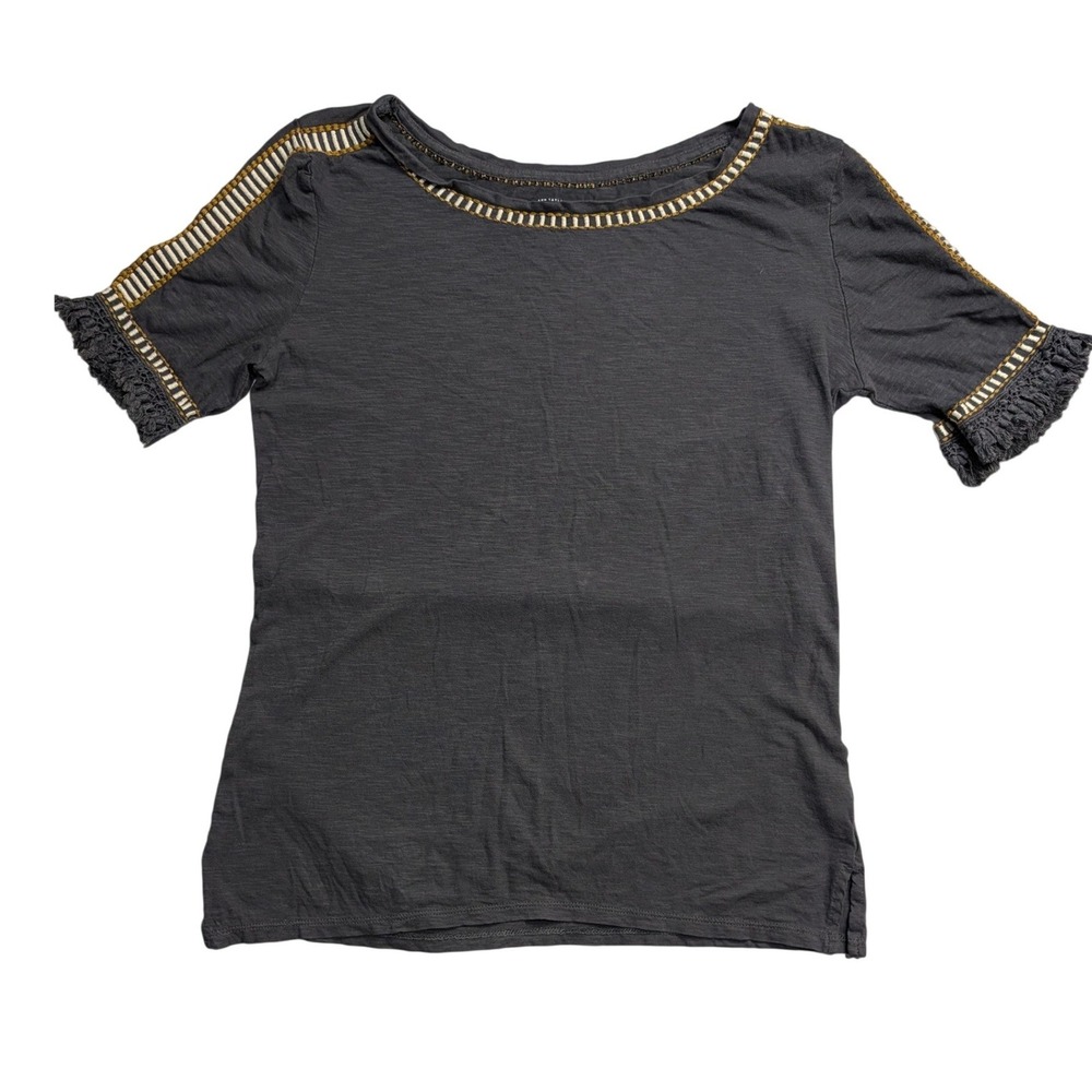 Ann Taylor LOFT‎ Gray Embroidered Fringe Short Sleeve Cotton Tee Shirt Womens S